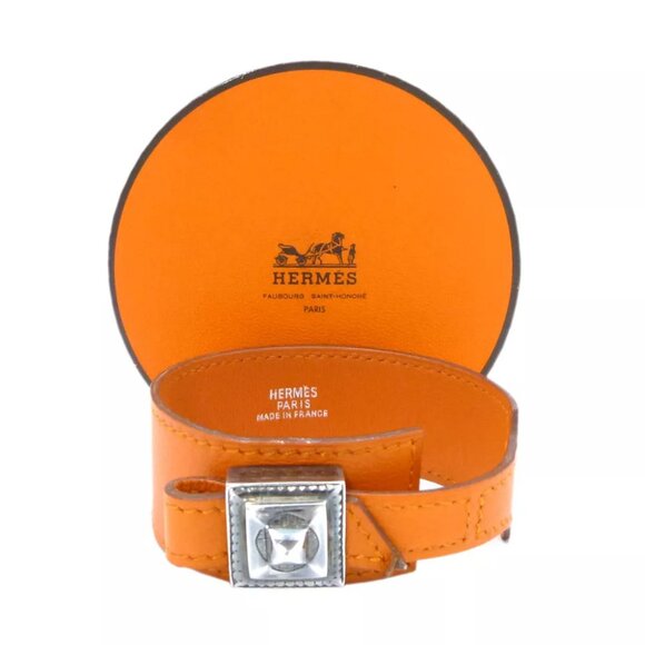 Auth HERMES Artemis Touareg Bracelet Bangle E in Square Orange Leather